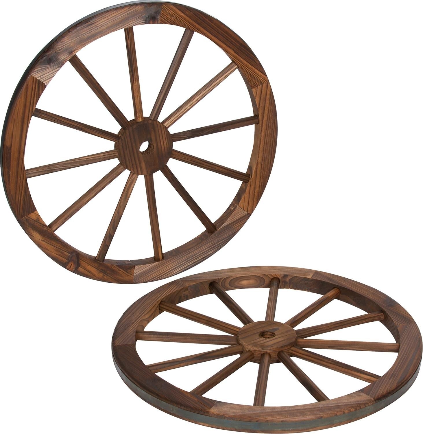 Decorative 24" Wooden Wagon Wheels with Steel Rim - Set of 2 for Indoor/Outdoor