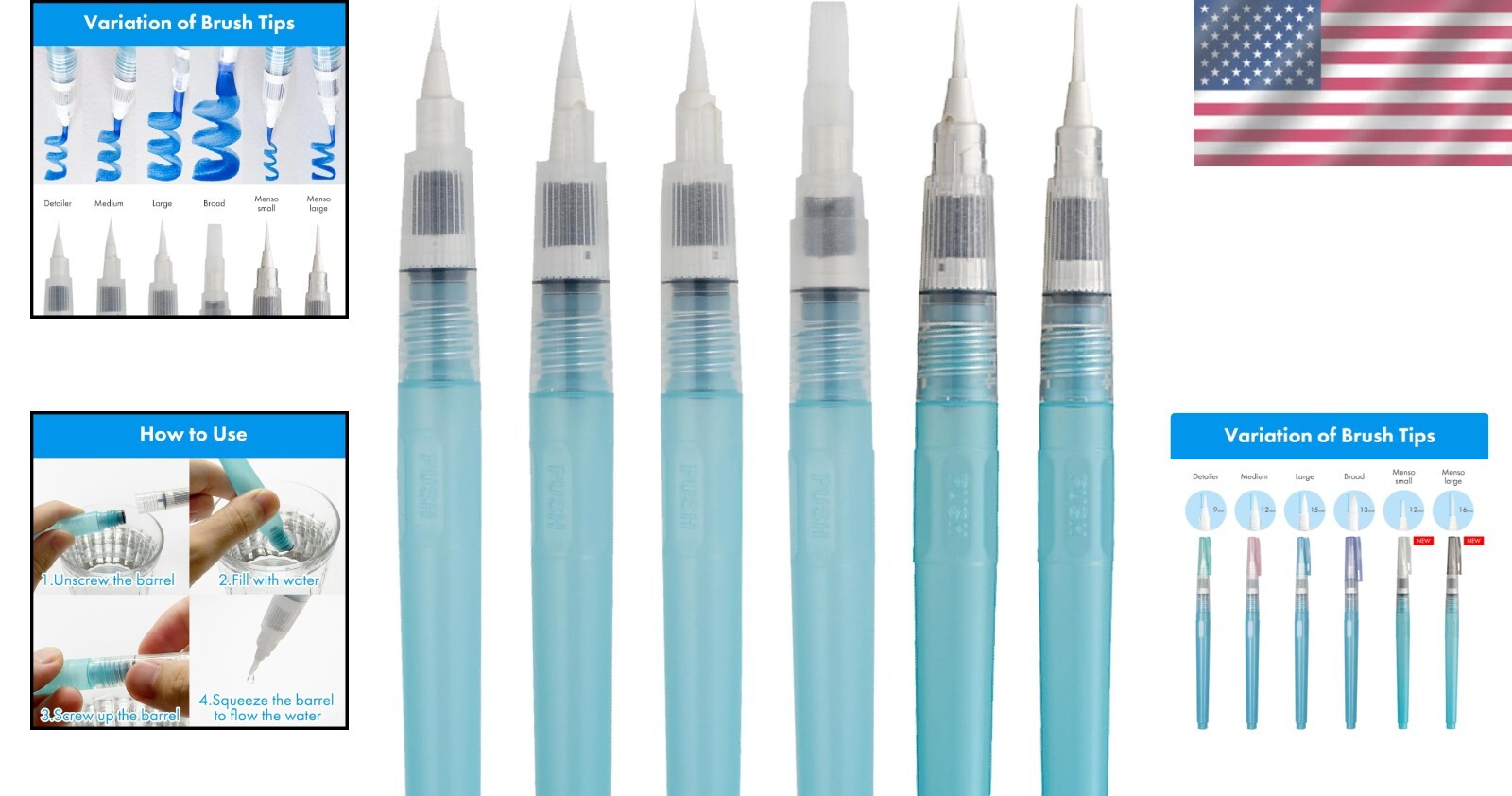 Eco-Friendly Zig Water Brush Pen Set - 6 Flexible Nylon Tips for Watercolor