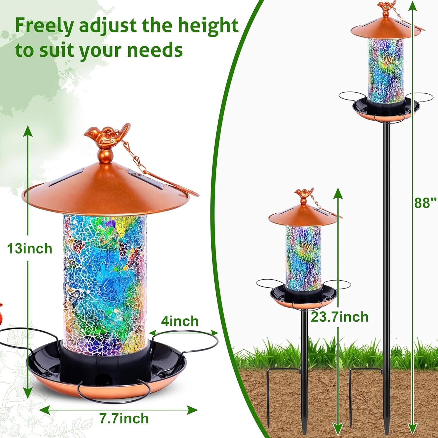 Durable Mosaic Bird Feeder with Solar Function & Height Adjustable Pole Stand