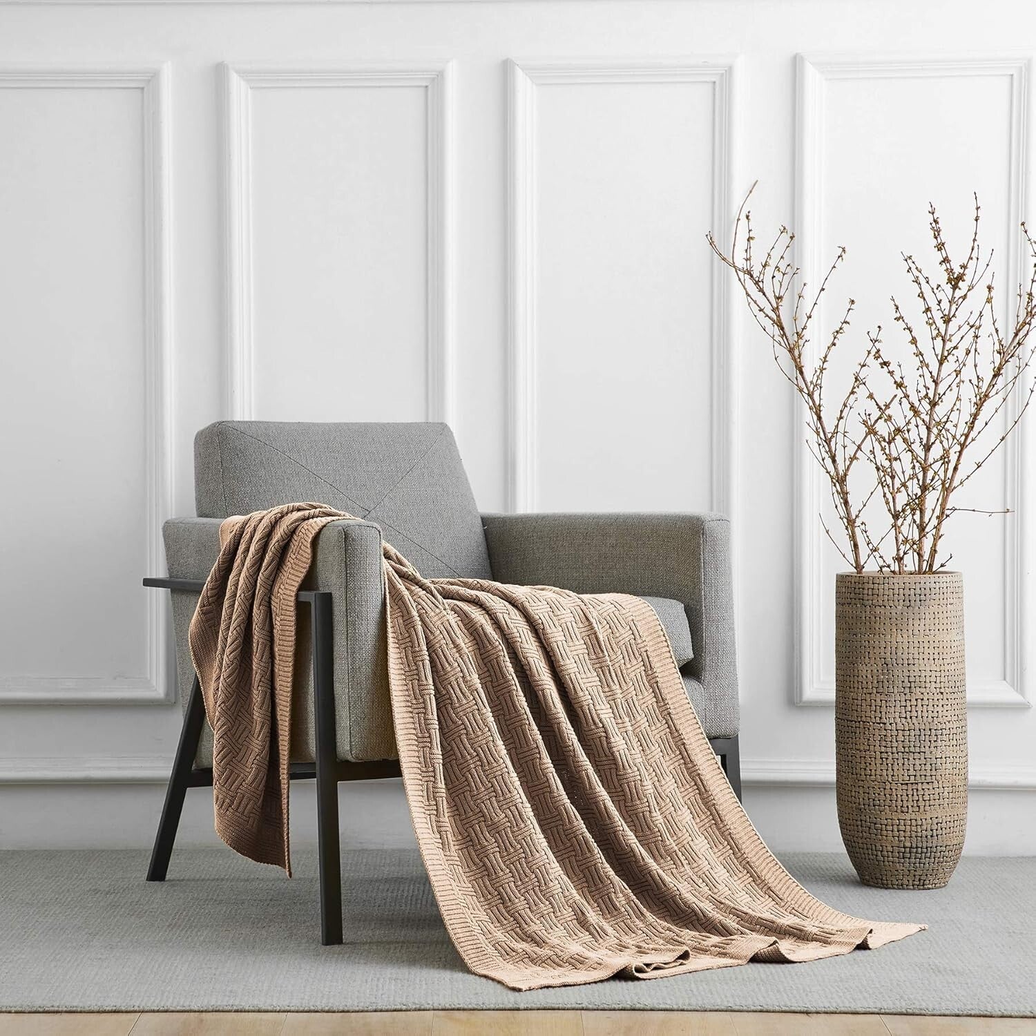 Elegant 60x80 Cotton Khaki Cable Knit Throw Blanket - Perfect for Snuggling