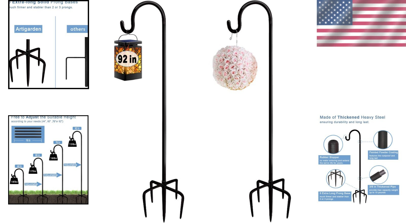 Rust-Resistant Adjustable Shepherd Hooks, 92" High with 5 Base Prongs - Black