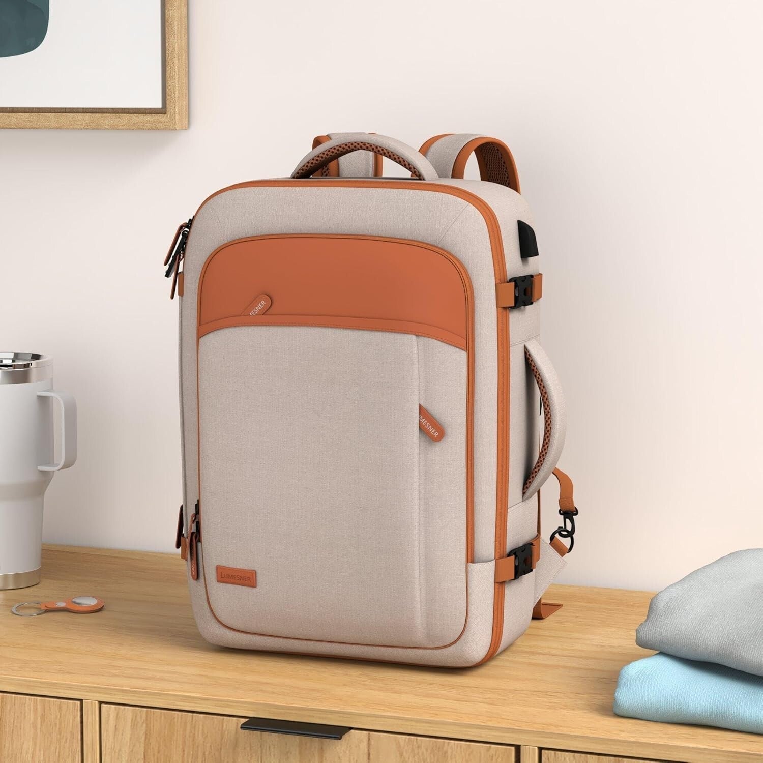 Expandable 40L Travel Backpack for Men & Women - Water Resistant & Stylish Beige