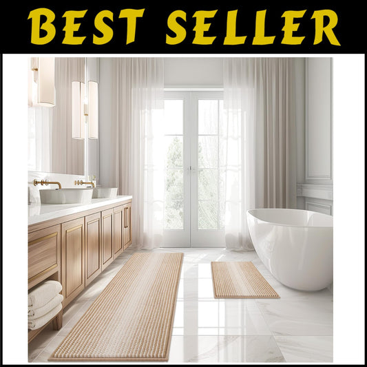 Thick Chenille Bath Mat Set in Beige - Non-Slip & Quick-Drying (20" x 60")