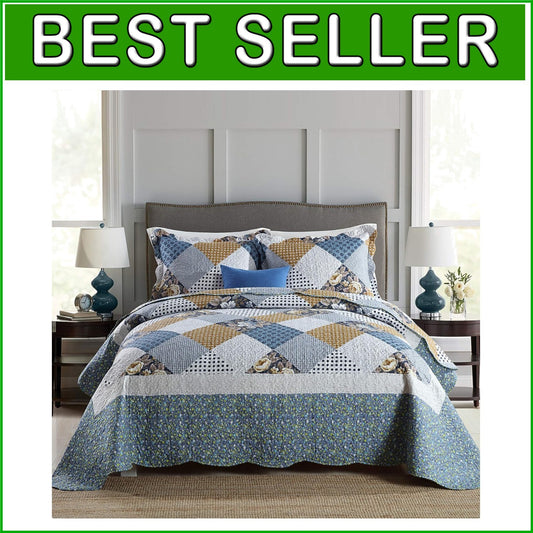 Elegant King Quilt Set - Reversible Floral Patchwork for Stylish Farmhouse Decor