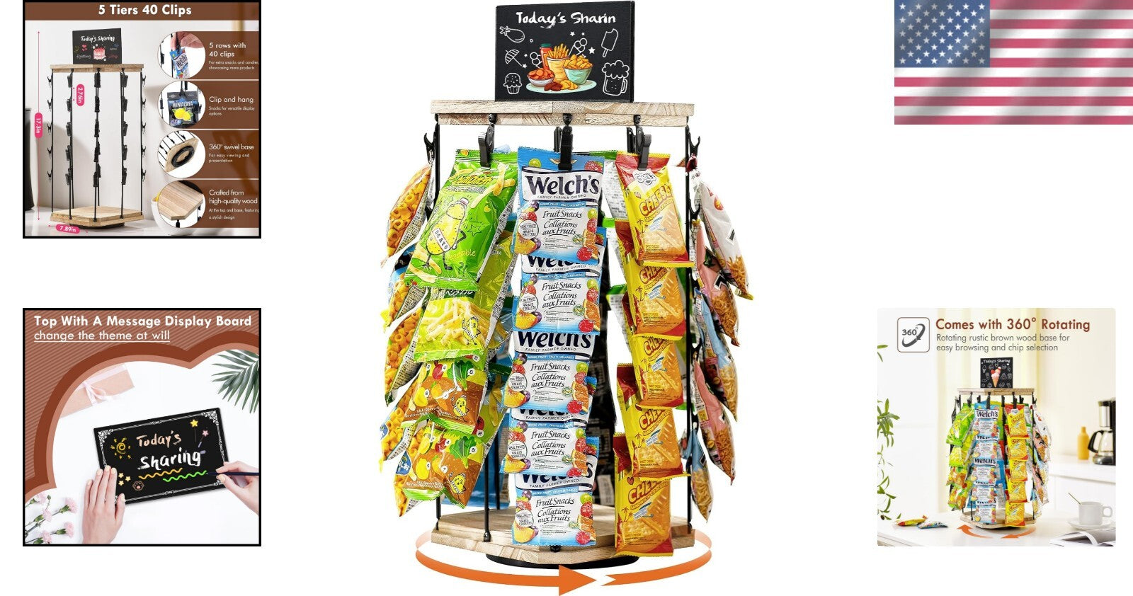 Stylish Wooden Chip Display Rack with 40 Clips and Message Board - 360° Access