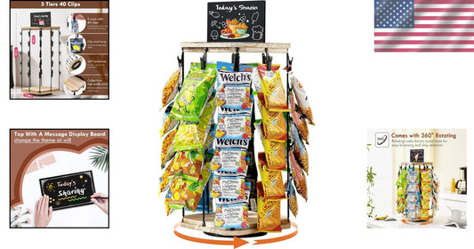 Stylish Wooden Chip Display Rack with 40 Clips and Message Board - 360° Access