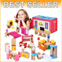 Load image into Gallery viewer, Wooden Dollhouse Furniture Set – 49PCS, 7 Rooms for Kids’ Creative Adventures