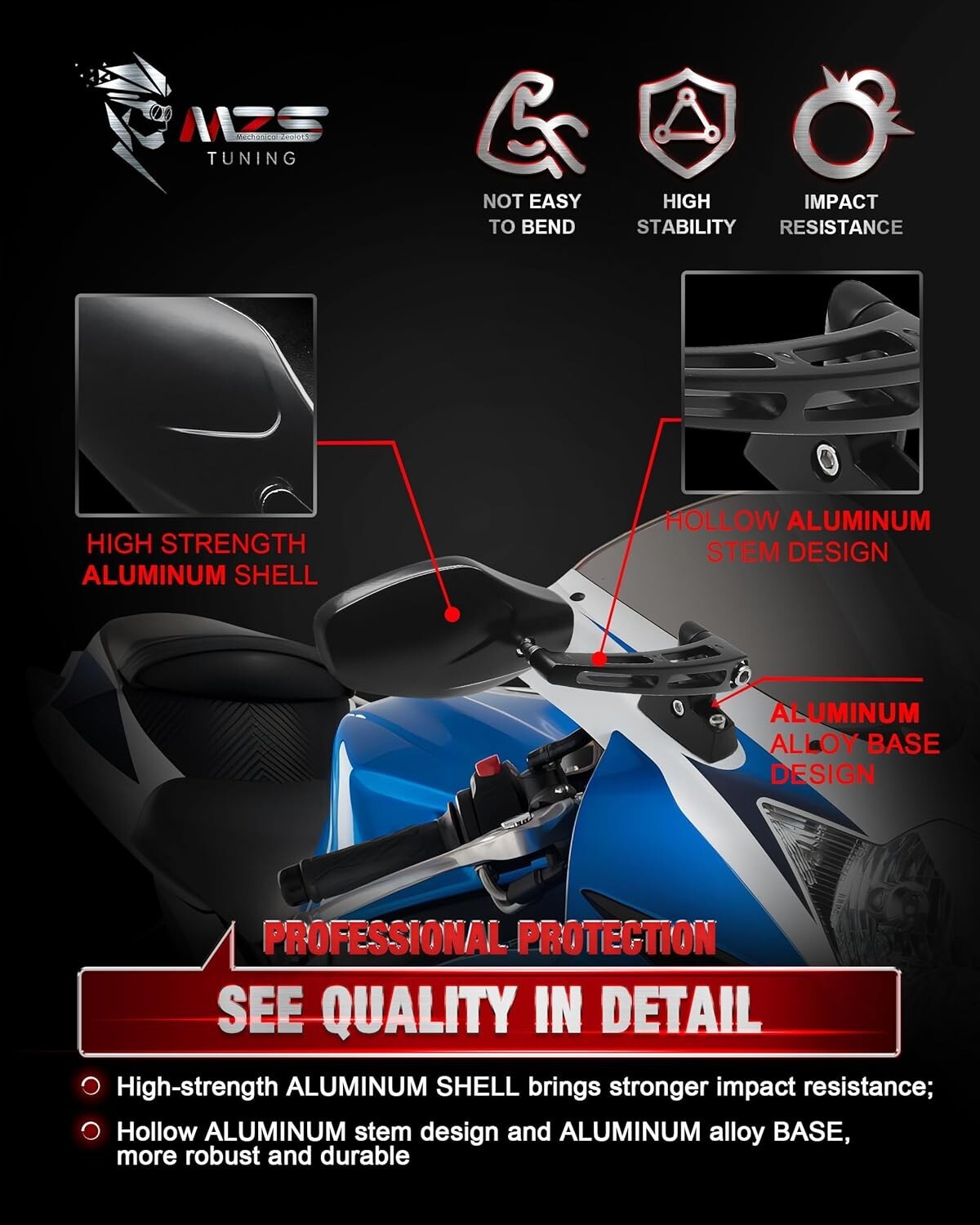 Durable Aluminum Motorcycle Mirrors with Convex Lens & Blind Spot Elimination