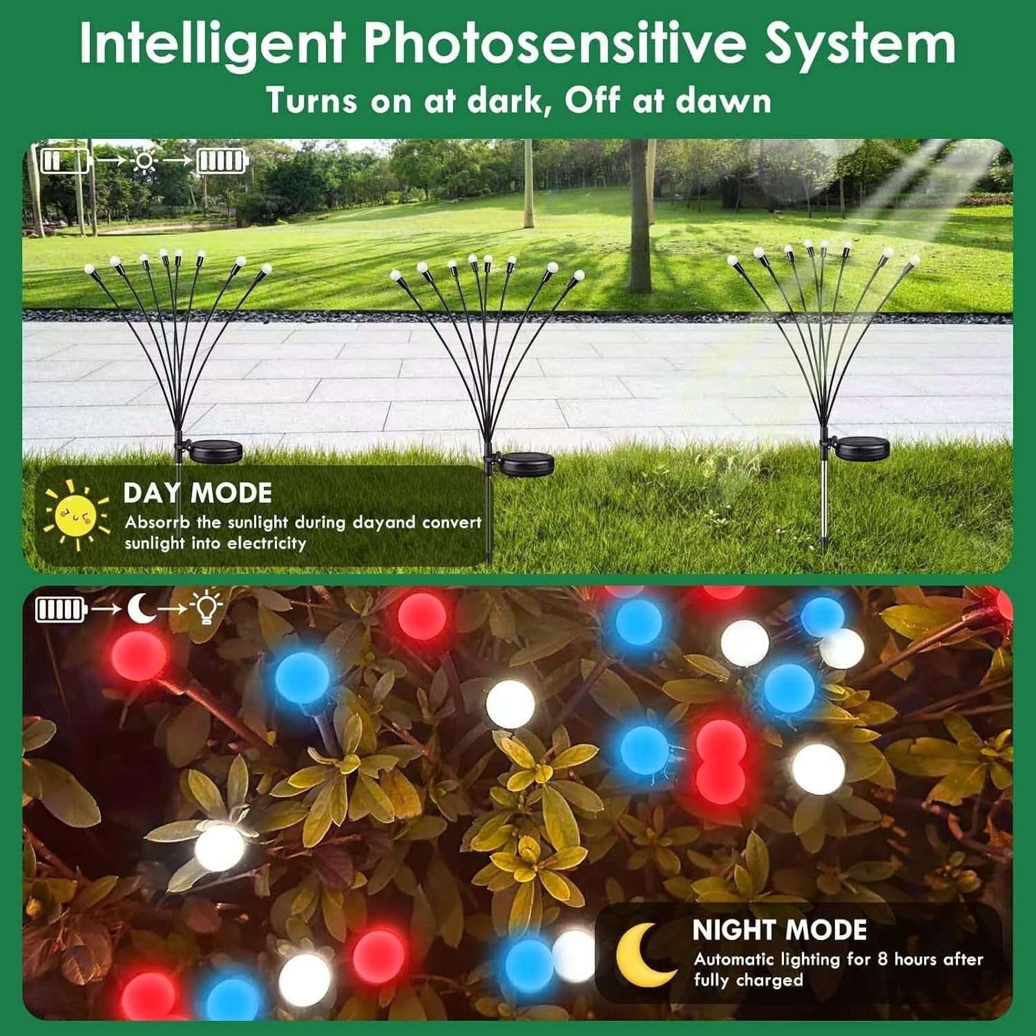8 Solar Powered Firefly Lights in Red, White & Blue - Waterproof Outdoor Delight