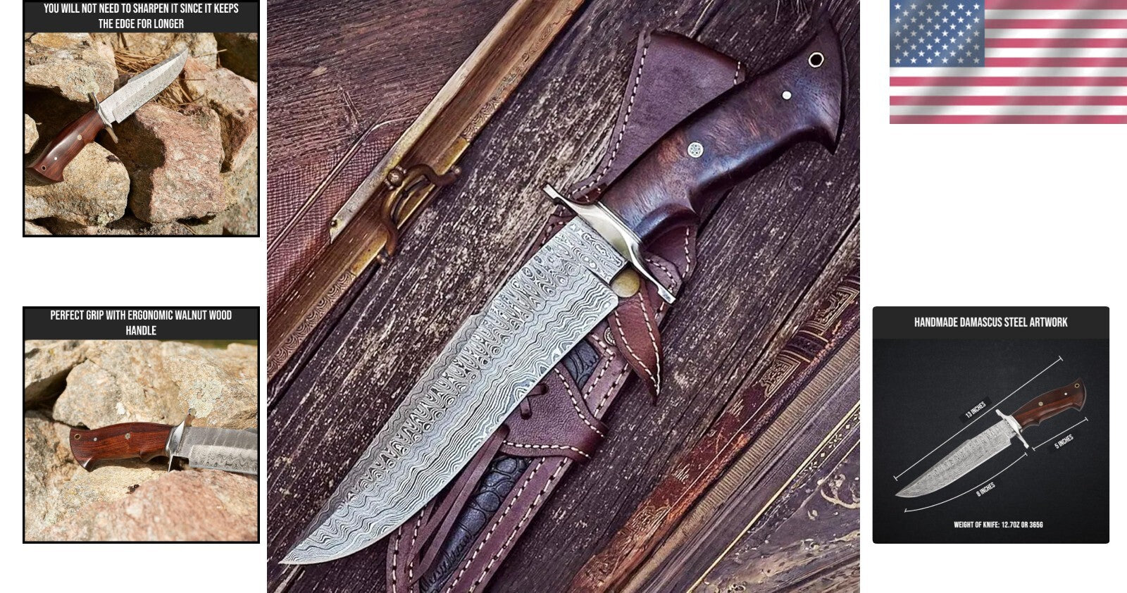 Durable Damascus Hunting Knife with Compound Bevel Blade & Leather Sheath