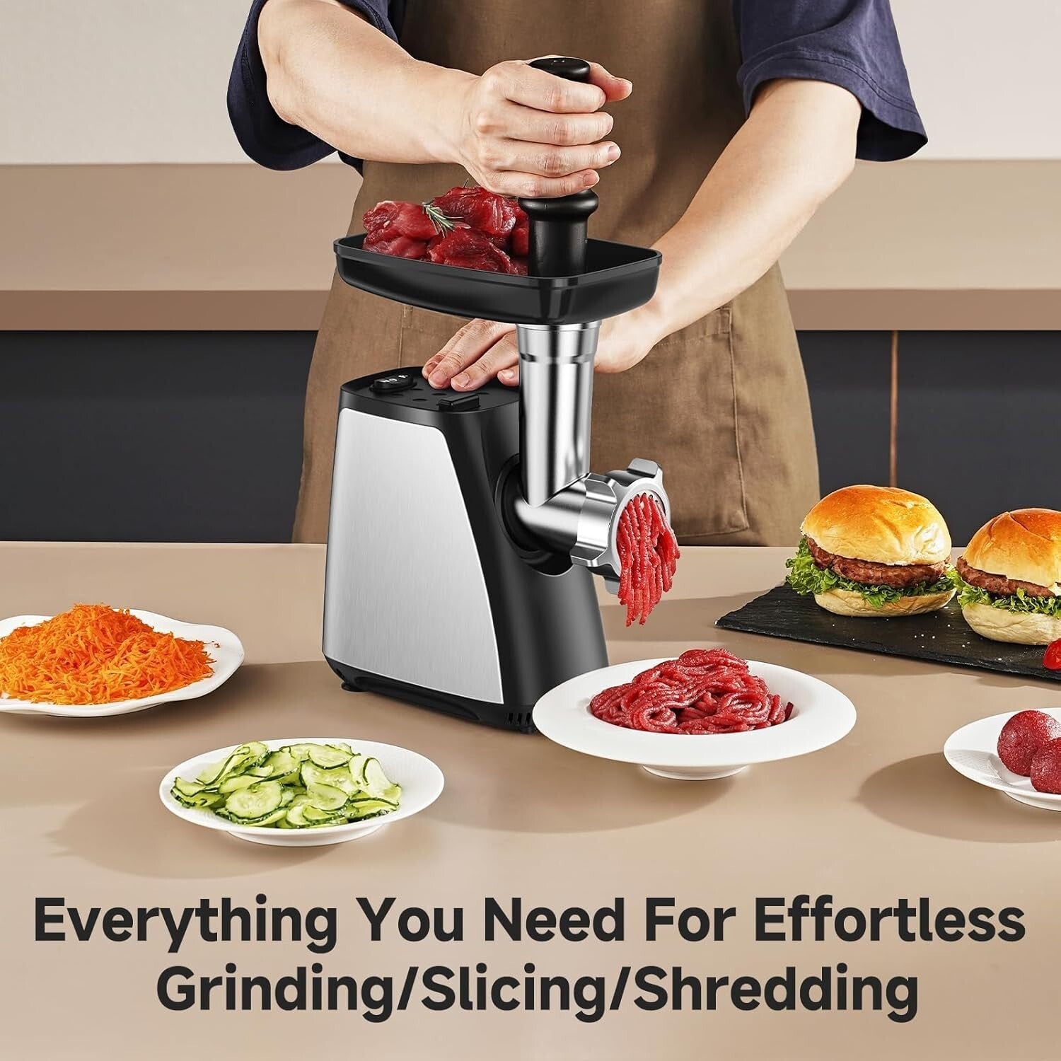 4-in-1 Electric Meat Grinder - 2800W Max, Stainless Steel with Sausage & Kubb...