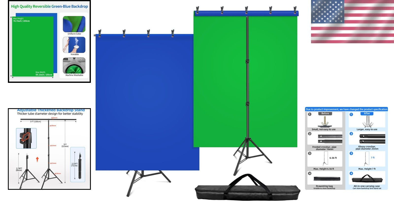 Adjustable Blue and Green Screen Stand Kit for Photography & Video, 59x78 Inches