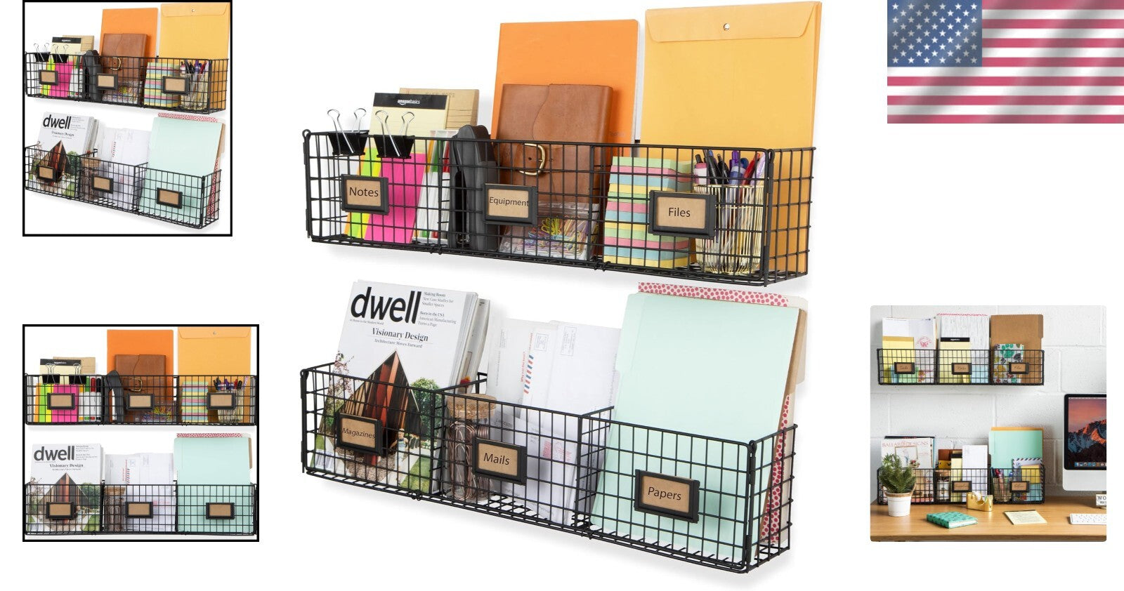 Charming Black Metal Wall Rack Organizer for Papers and Magazines - Set of 2