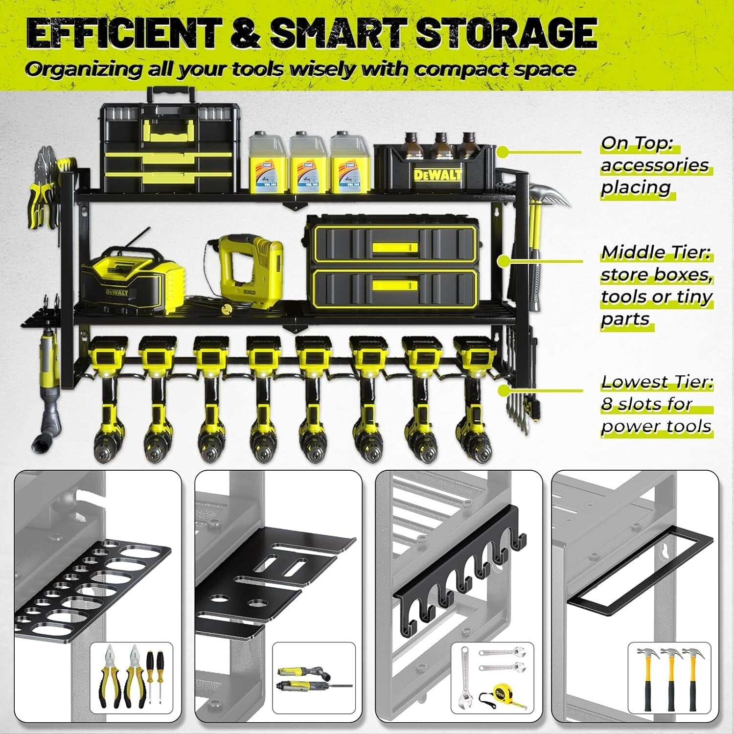 Powder Coated Iron Tool Storage Rack with Air Tool Slots and 8 Drill Holders