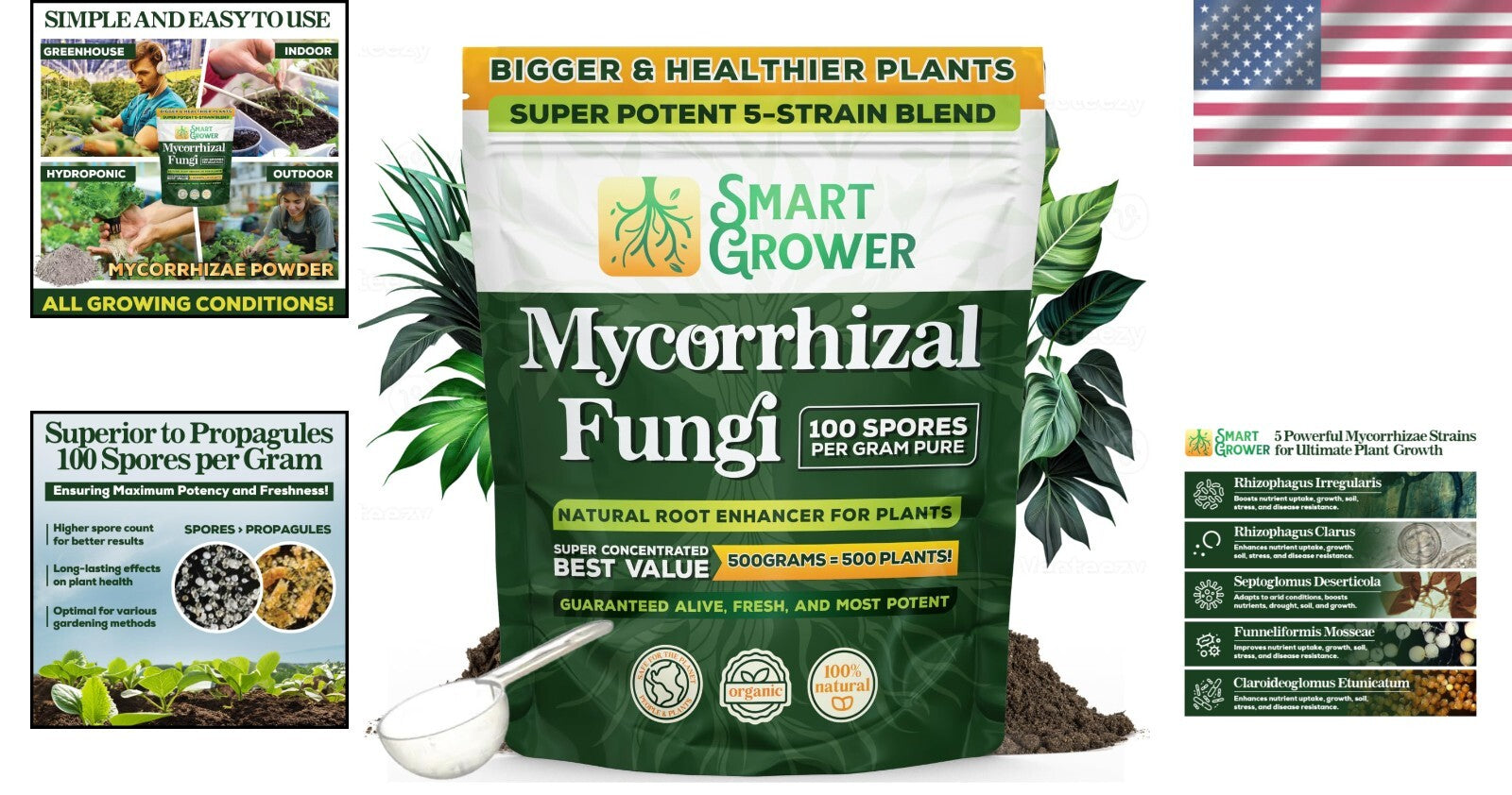5-Strain Mycorrhizal Fungi Blend - 100 Spores/g, Rapid Plant Growth Support