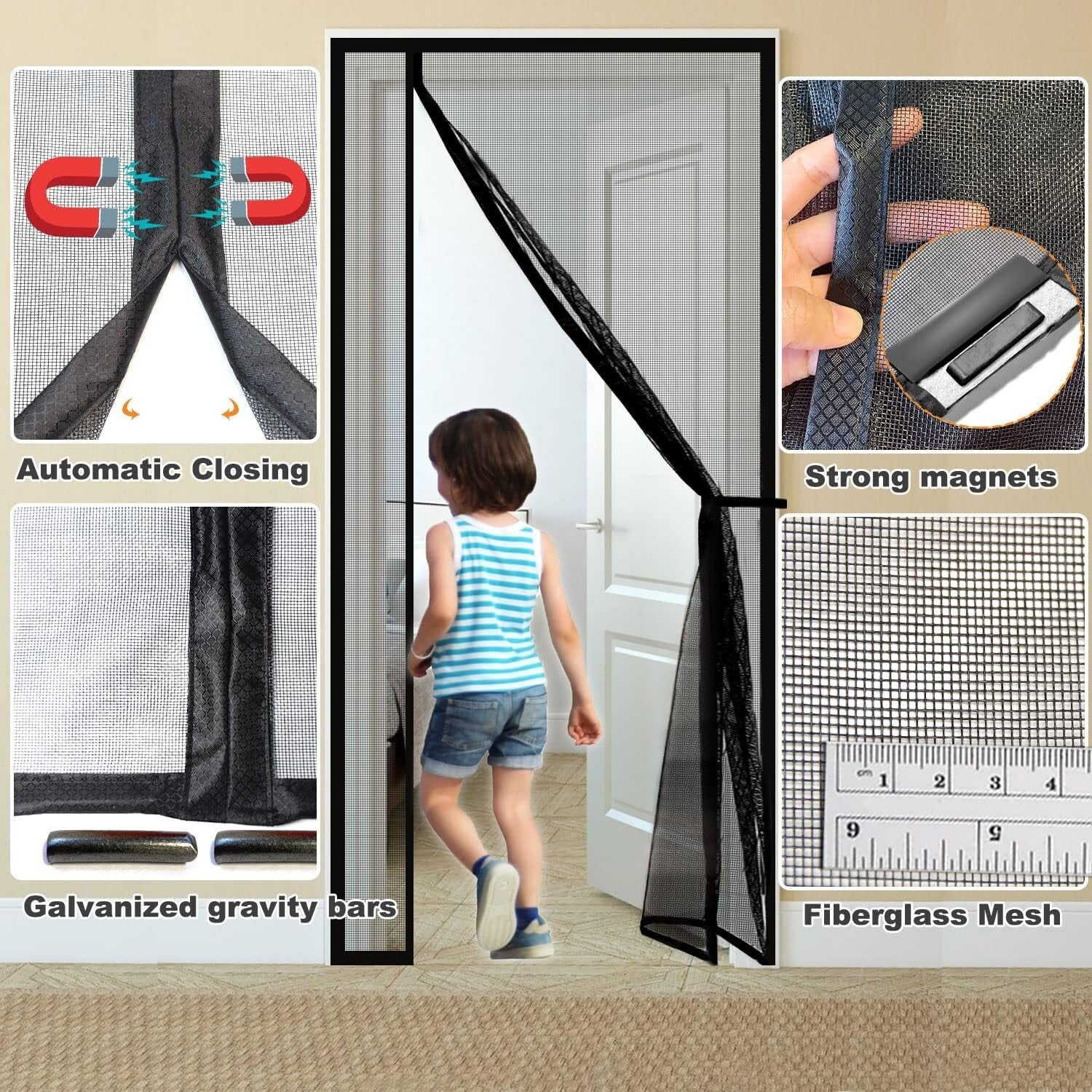 Reversible 39x80 Inch Fiberglass Magnetic Screen Door - Keep Bugs Out, Black