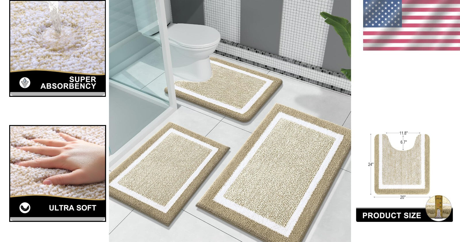 Absorbent Non-Slip 3-Piece Microfiber Bathroom Rugs Set - Elegant Beige Design