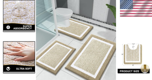 Absorbent Non-Slip 3-Piece Microfiber Bathroom Rugs Set - Elegant Beige Design