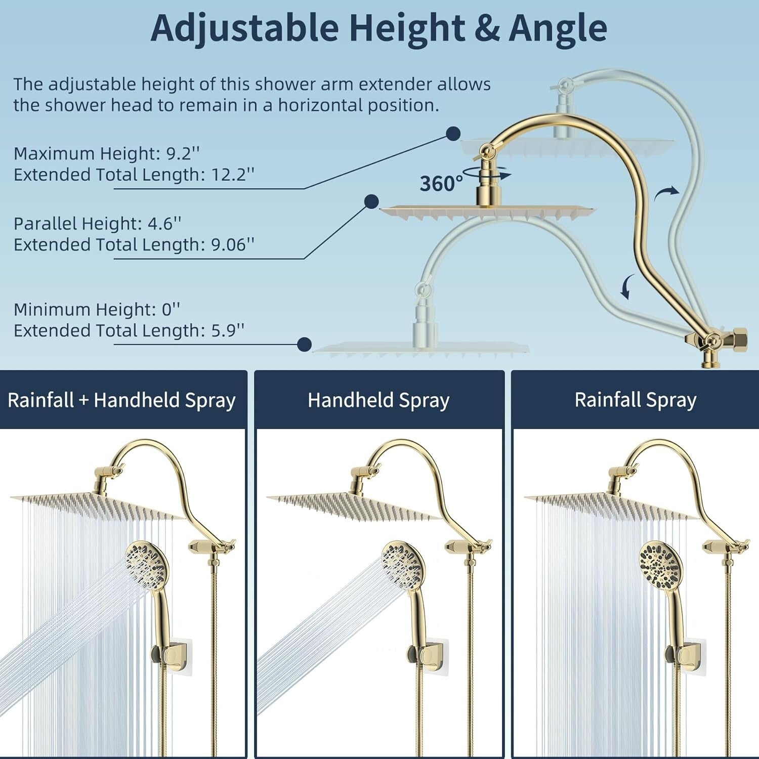 10" High Pressure Luxury Shower Head Set with Gold Handheld and Extension Arm