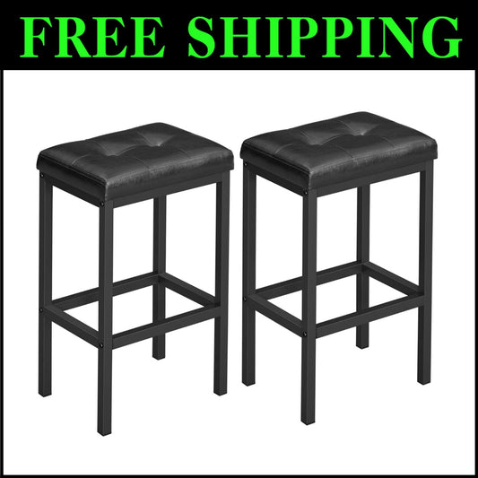 Backless Black Counter Bar Stools - Set of 2, Durable PU Leather, 24.4" Height