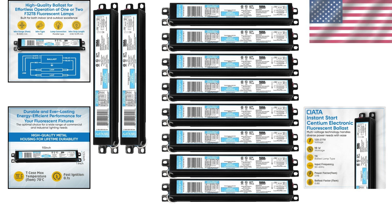 10-Pack Instant Start Electronic Fluorescent Ballast for F32T8 Lamps (120-277V)
