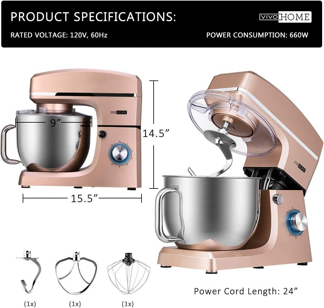 High Performance 7.5QT Electric Food Mixer - 660 Watts in Elegant Champagne