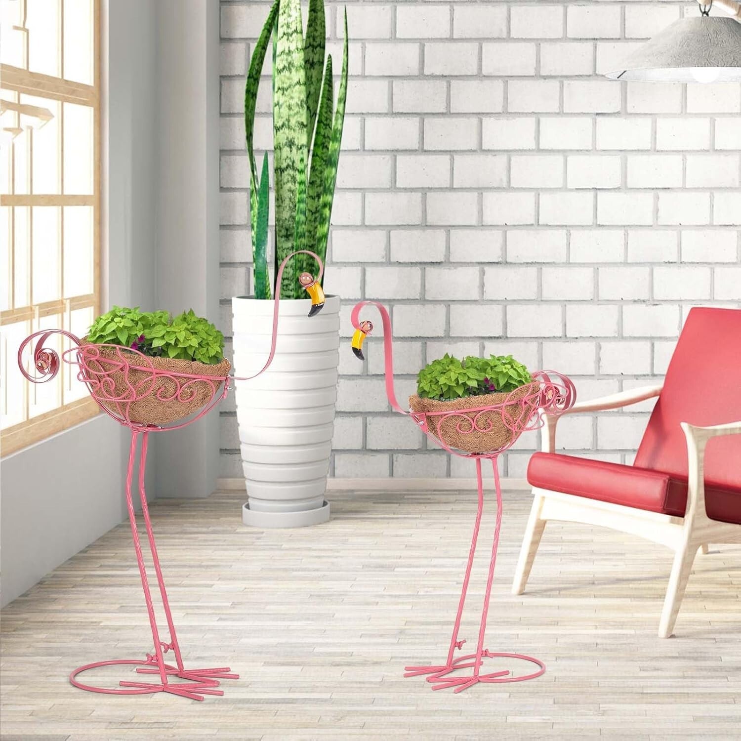 Adorable Pink Flamingo Planters - Set of 2 with Easy Assembly & Coconut Baskets