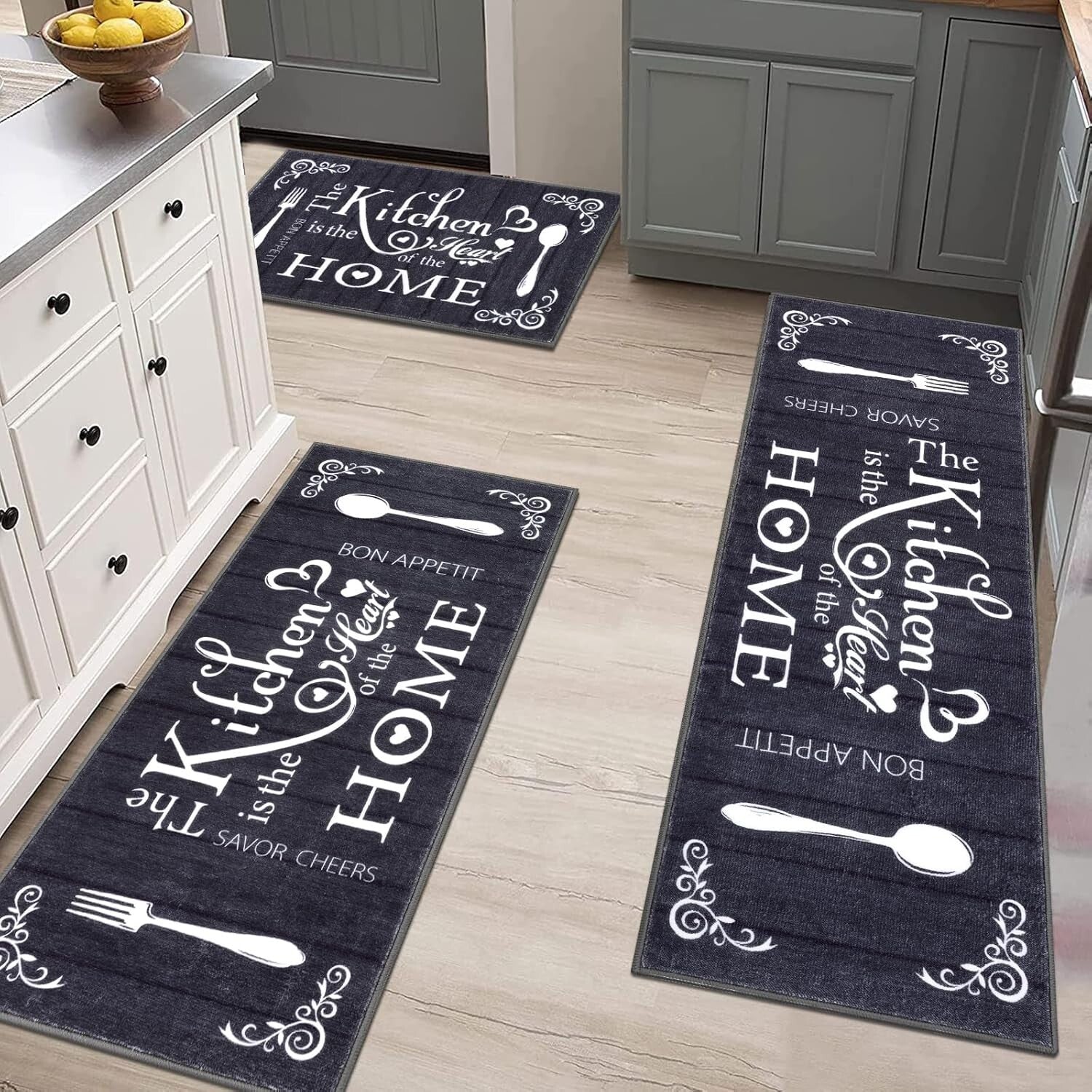 Chic Kitchen Mats Set - 3 Washable Rugs for Farmhouse & Entryway Spaces