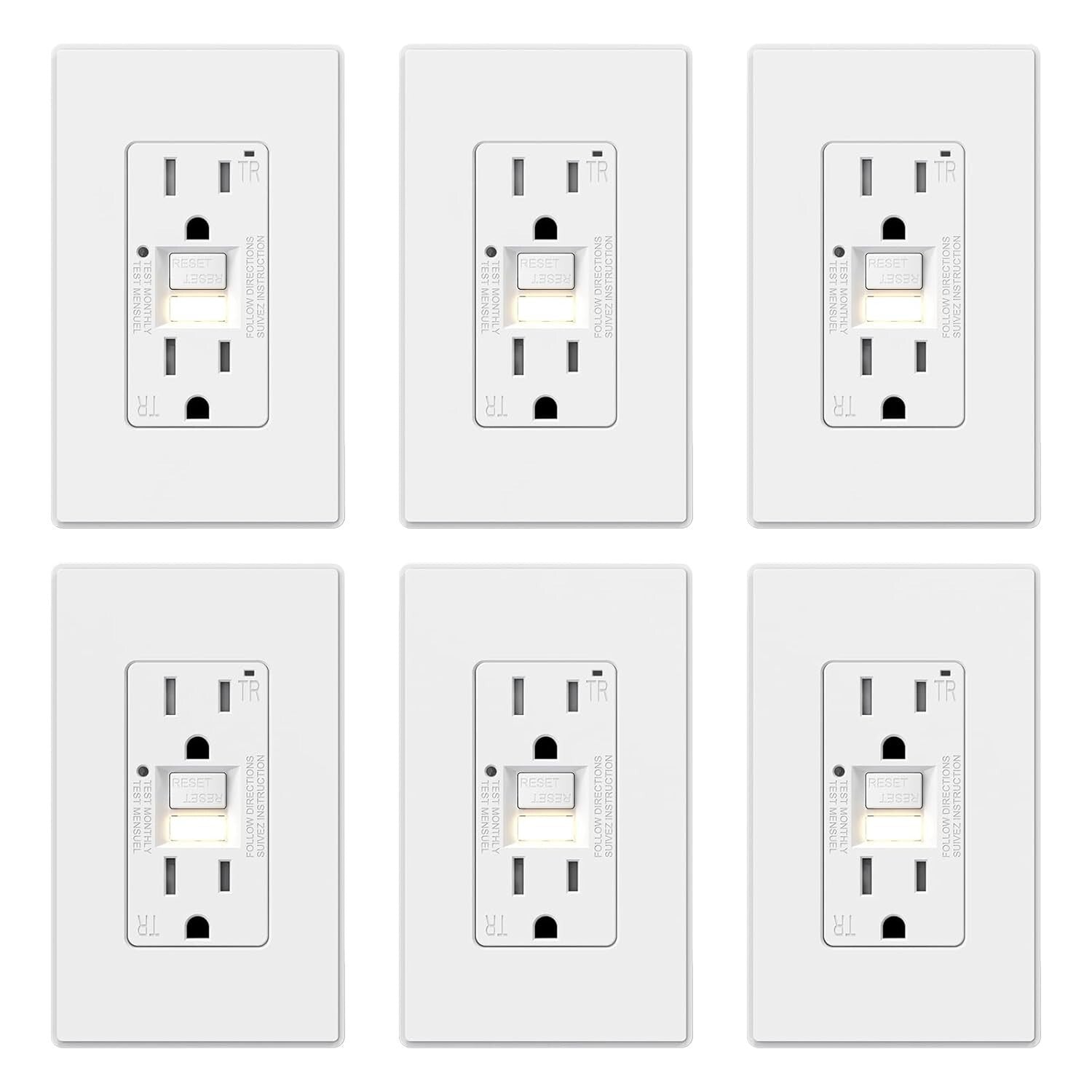 Enhanced Safety GFCI Receptacle with Nightlight - UL Certified, 15 Amp, 6 Pack