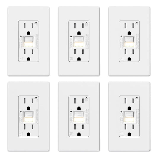 Enhanced Safety GFCI Receptacle with Nightlight - UL Certified, 15 Amp, 6 Pack