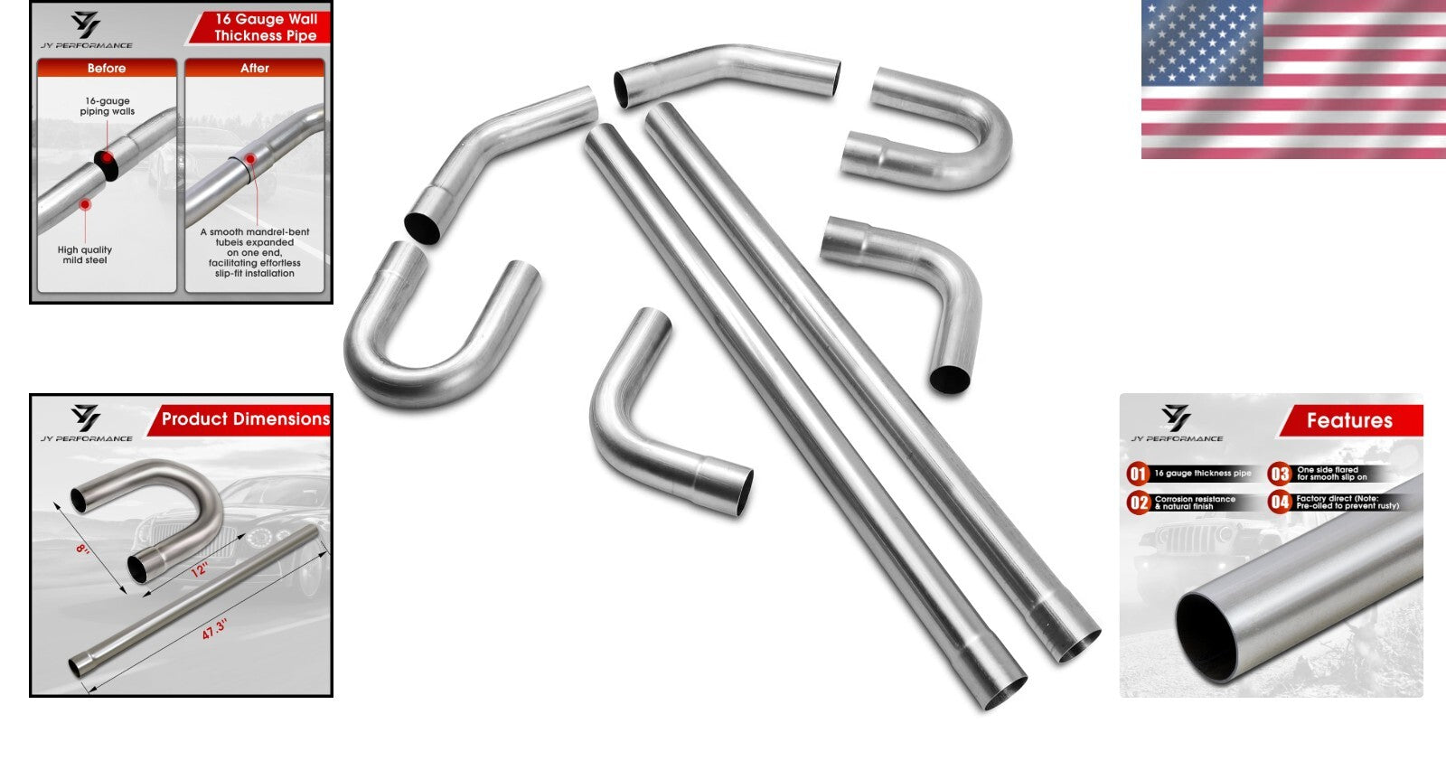 Universal 2.5'' Exhaust Kit with Mandrel Bends - 8PCS Corrosion-Resistant Tubing