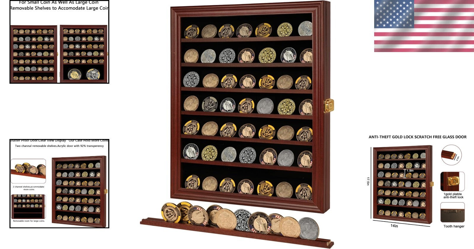Large Mahogany Collectible Display Shadow Box - Lockable with Removable Shelves