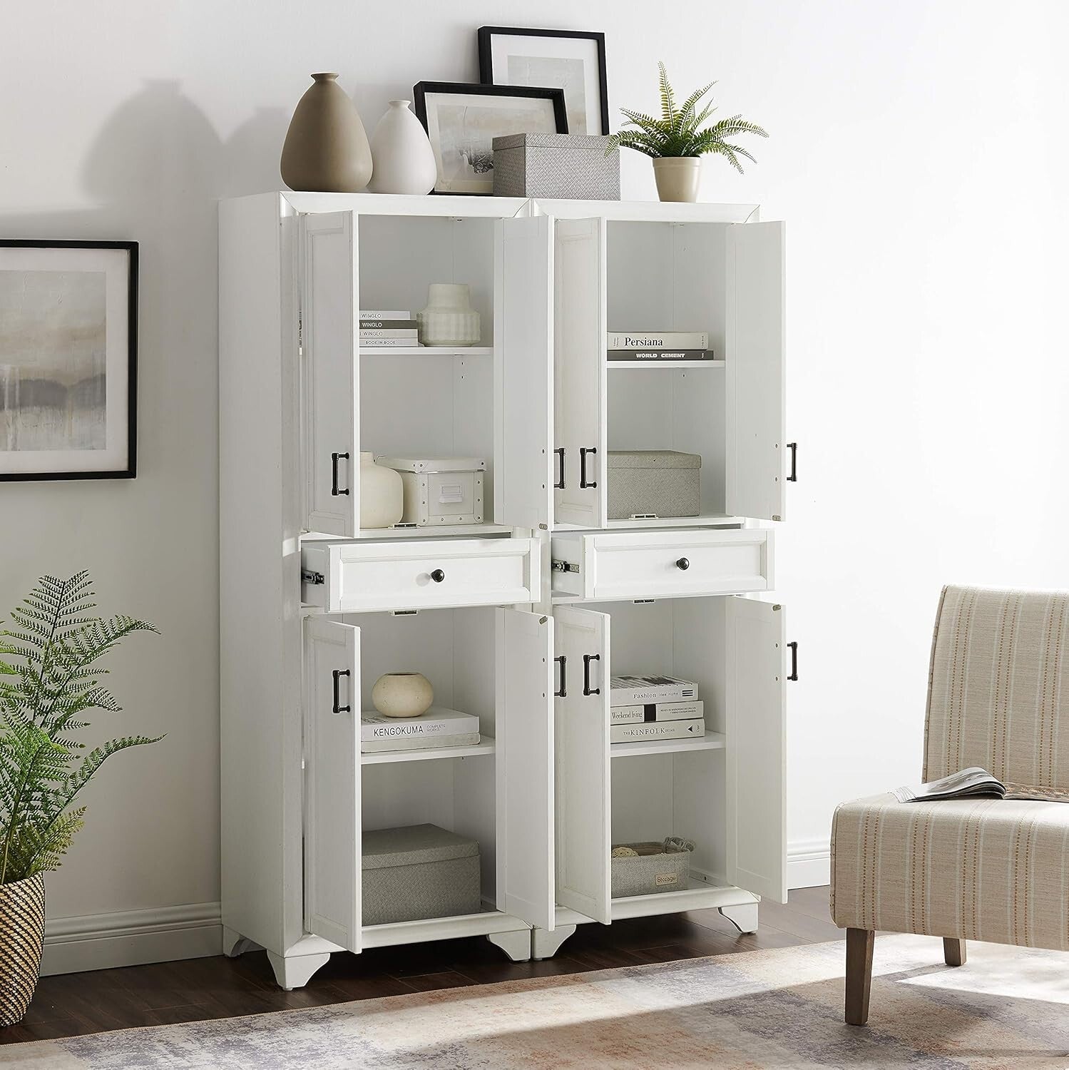 Charming 2-Piece Pantry Storage Duo with Adjustable Shelves in Distressed White