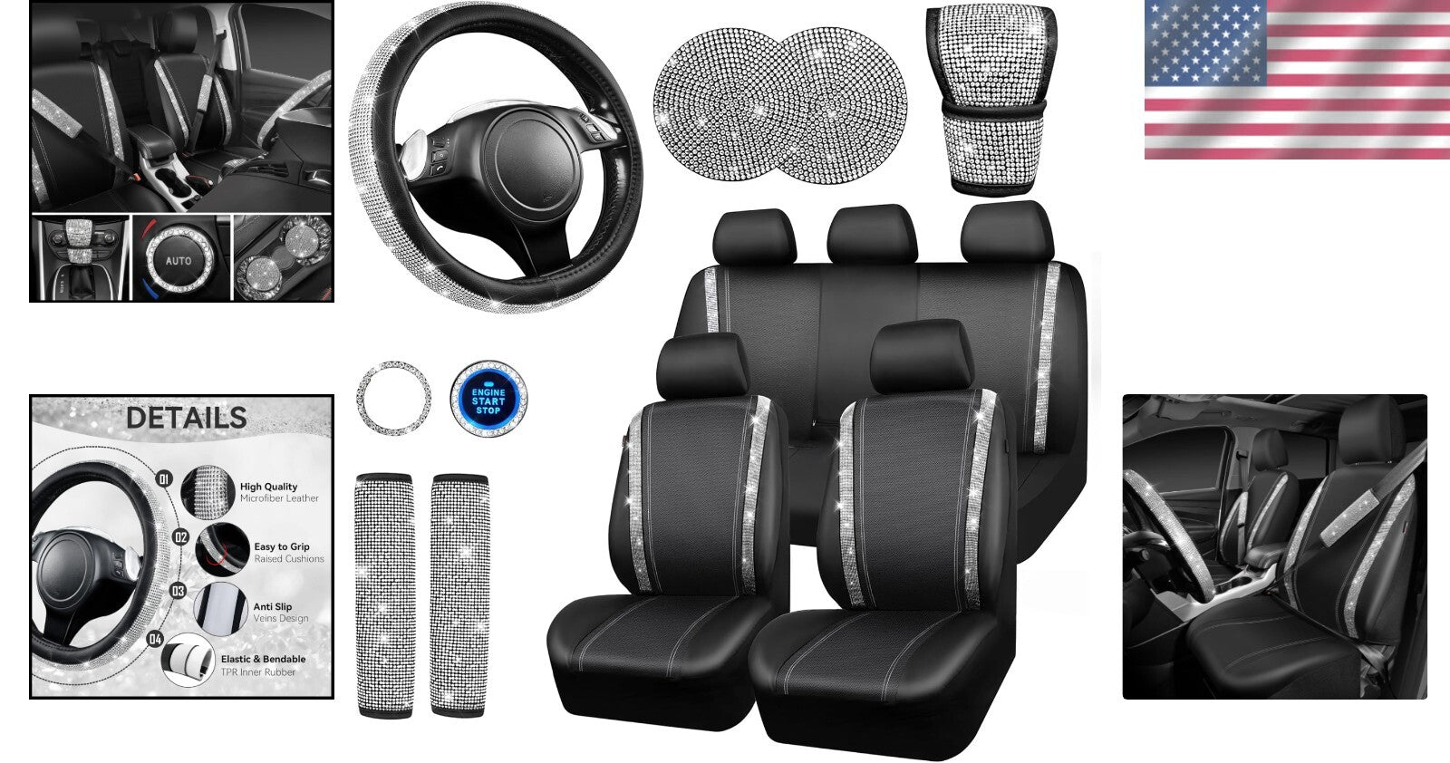 Gorgeous Leather Diamond Seat Covers & Sparkly Steering Wheel Set for Women