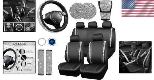 Gorgeous Leather Diamond Seat Covers & Sparkly Steering Wheel Set for Women