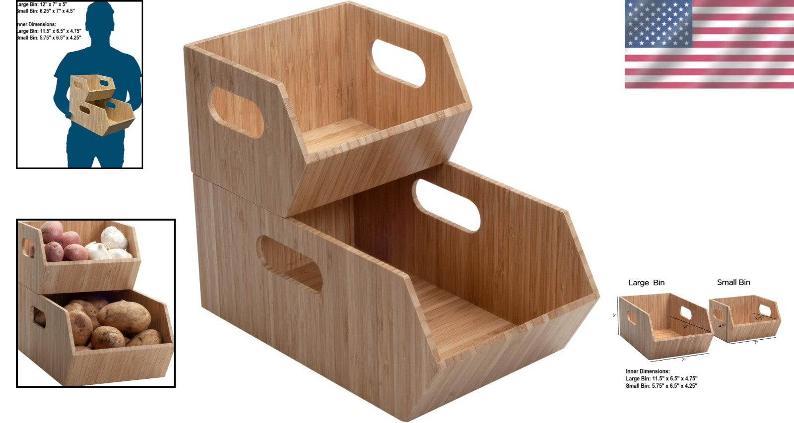 Compact Bamboo Storage Bins Set - Ideal for Efficient Kitchen Organization
