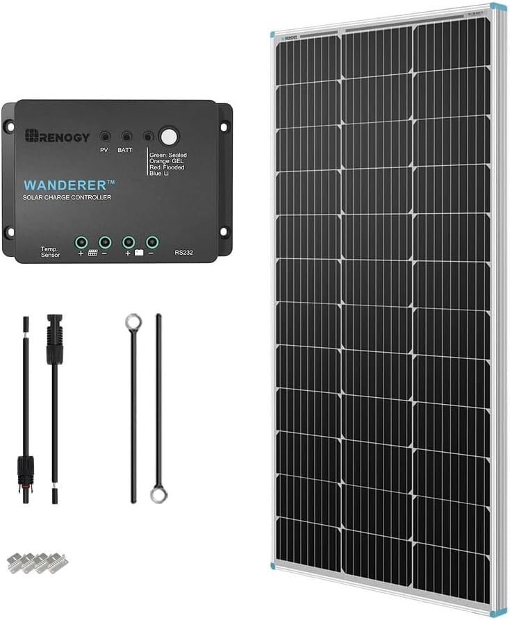 High Efficiency 100W Monocrystalline Solar Kit with Charge Controller & Brackets