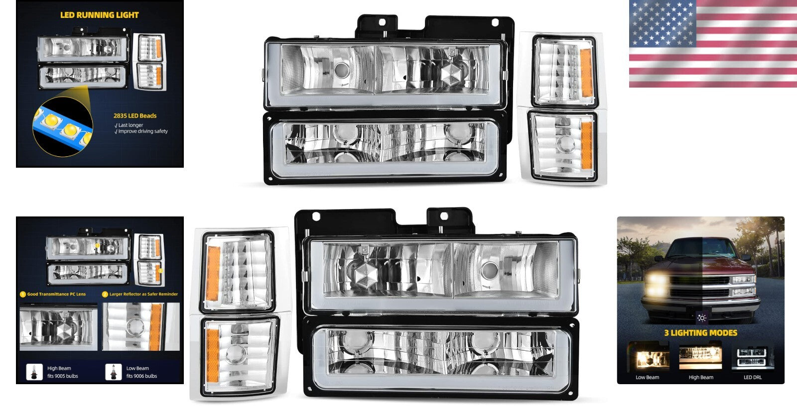 Dual LED Headlight Assembly with Corner Lights for 1994-1999 Chevy Pickup Trucks