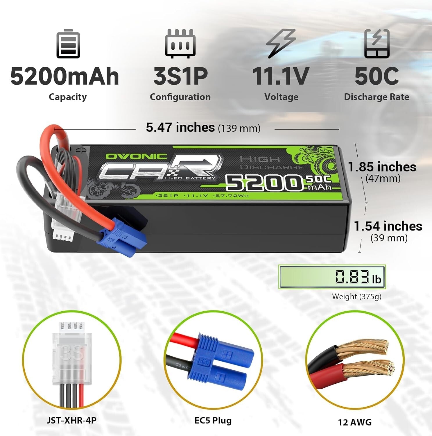 Fast-Charging 3S 5200mAh Lipo Battery with EC5, Ideal for 1/8 Scale RC Trucks