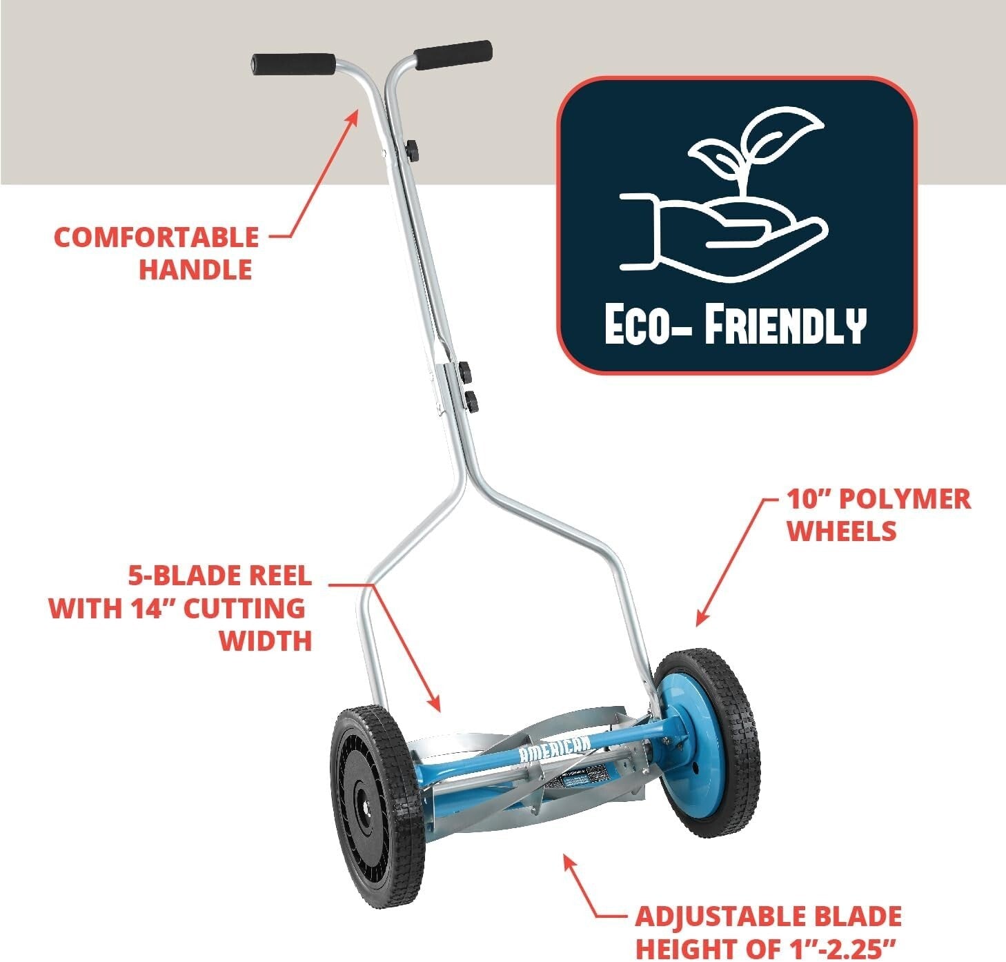 14-Inch 5-Blade Manual Push Reel Lawn Mower with Sharpener - Eco-Friendly Care