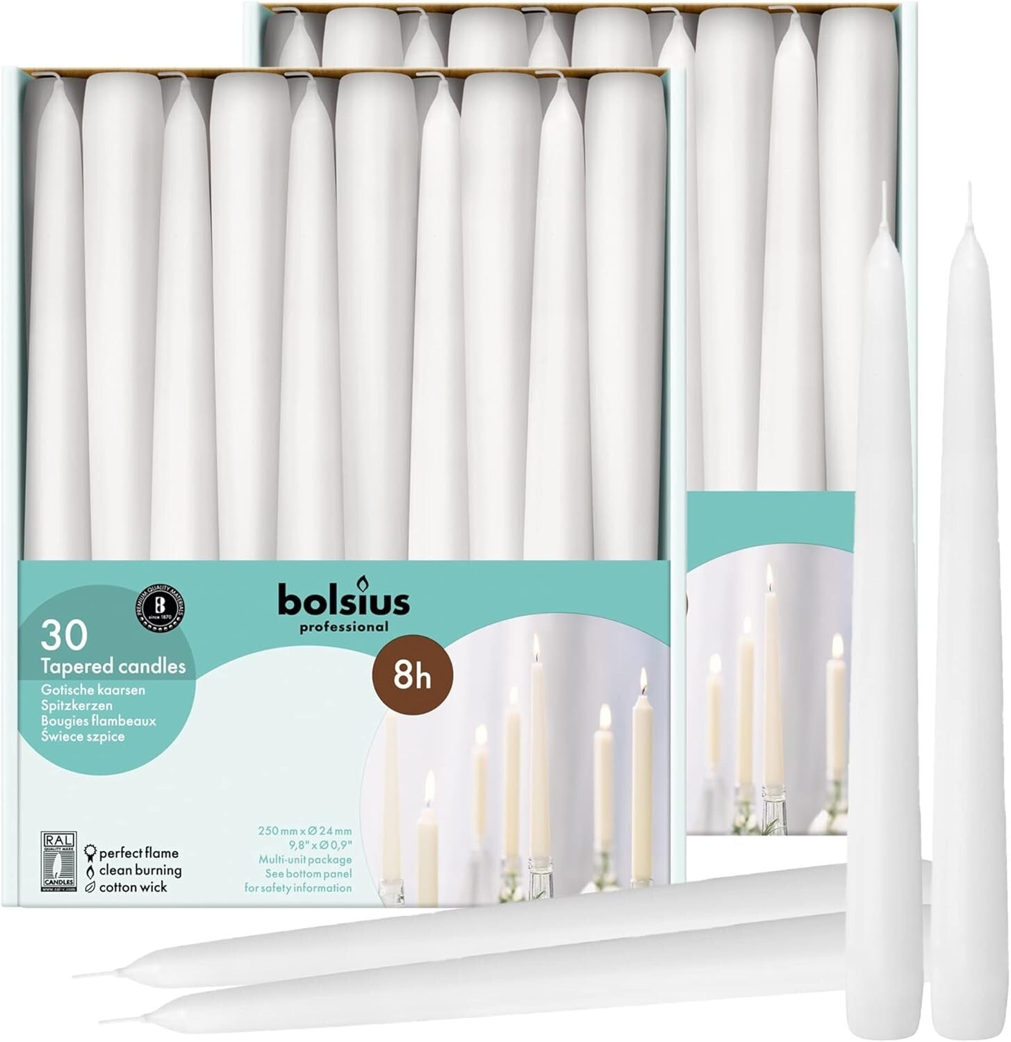 Elegant 60-Pack 10-Inch Long-Lasting Smokeless White Taper Candles - 8 Hour Burn
