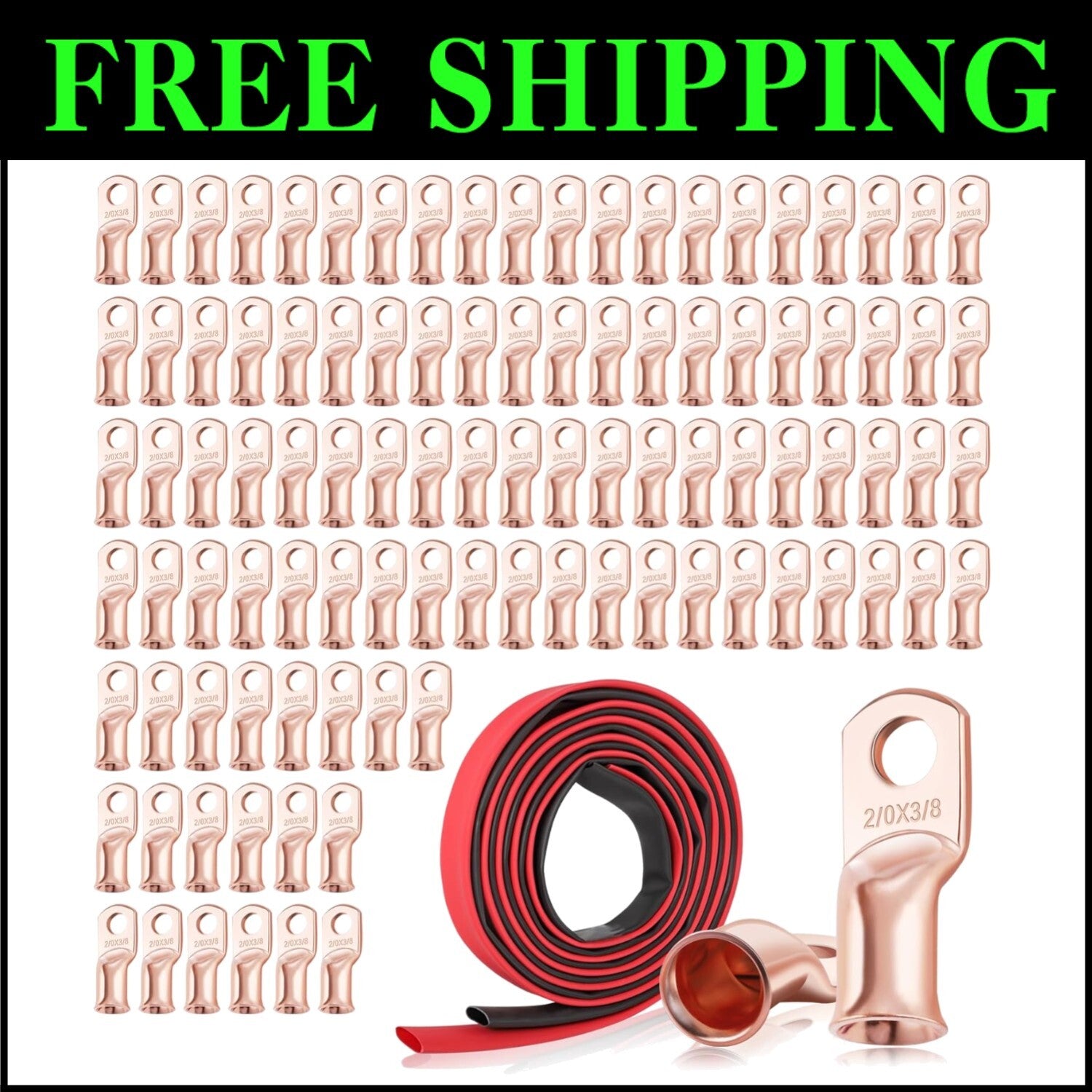 Efficient 2/0 AWG Battery Connectors: 100 Heavy Duty Ring Terminals & Tubing