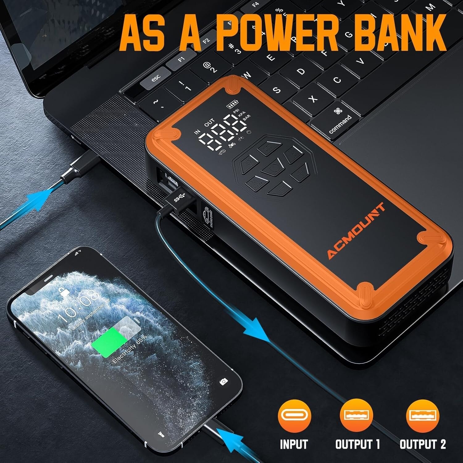 5000A Portable Jump Starter and Tire Inflator with LCD Display & Accessories