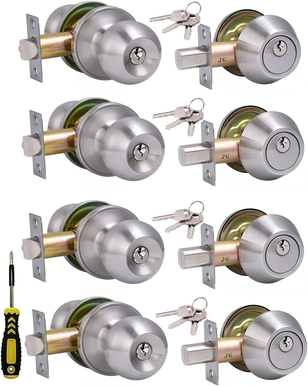 Durable Satin Nickel Door Knob Set with Deadbolt - 4 Same Keyed Security