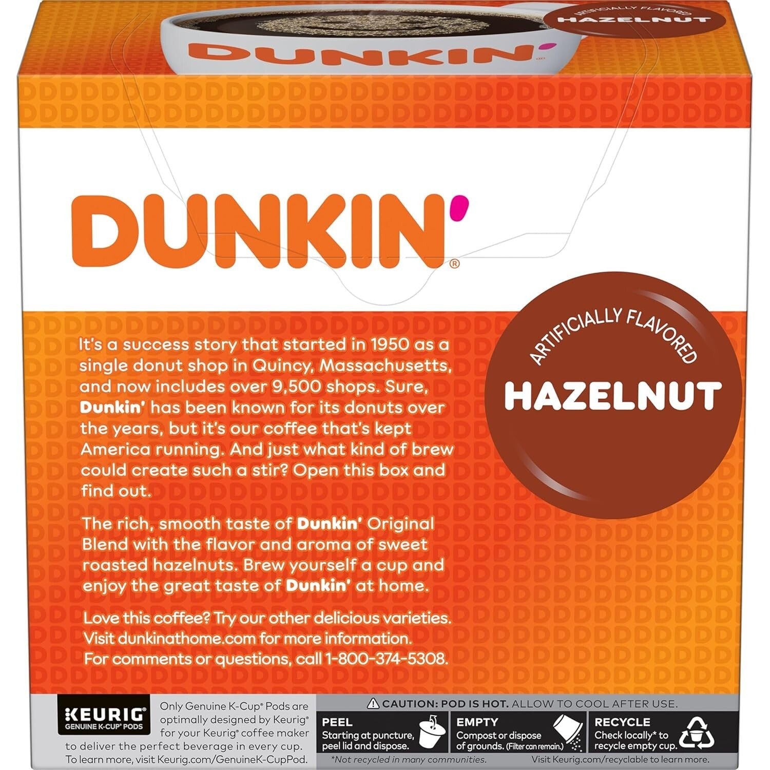 Dunkin Hazelnut Flavor K-Cup Pods, 128 Count for Effortless Coffee Indulgence
