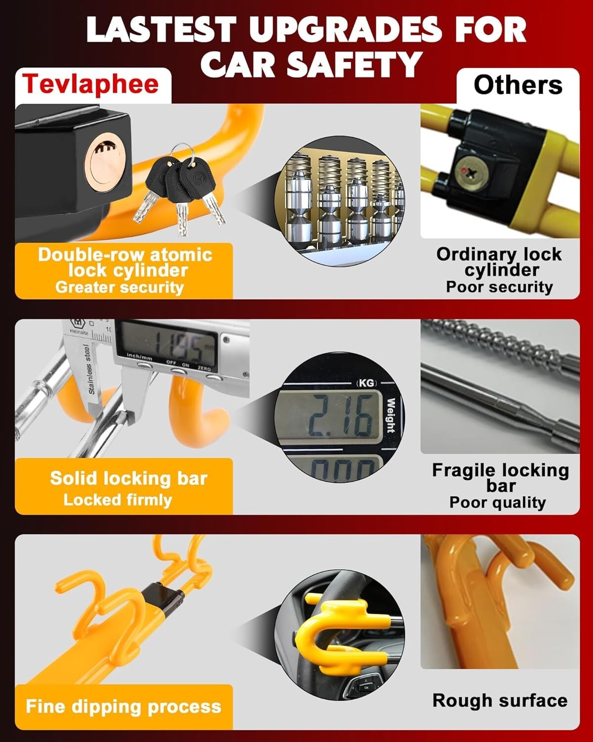 Adjustable Antitheft Steering Wheel Lock with 3 Keys - Bright Deterrent for Cars