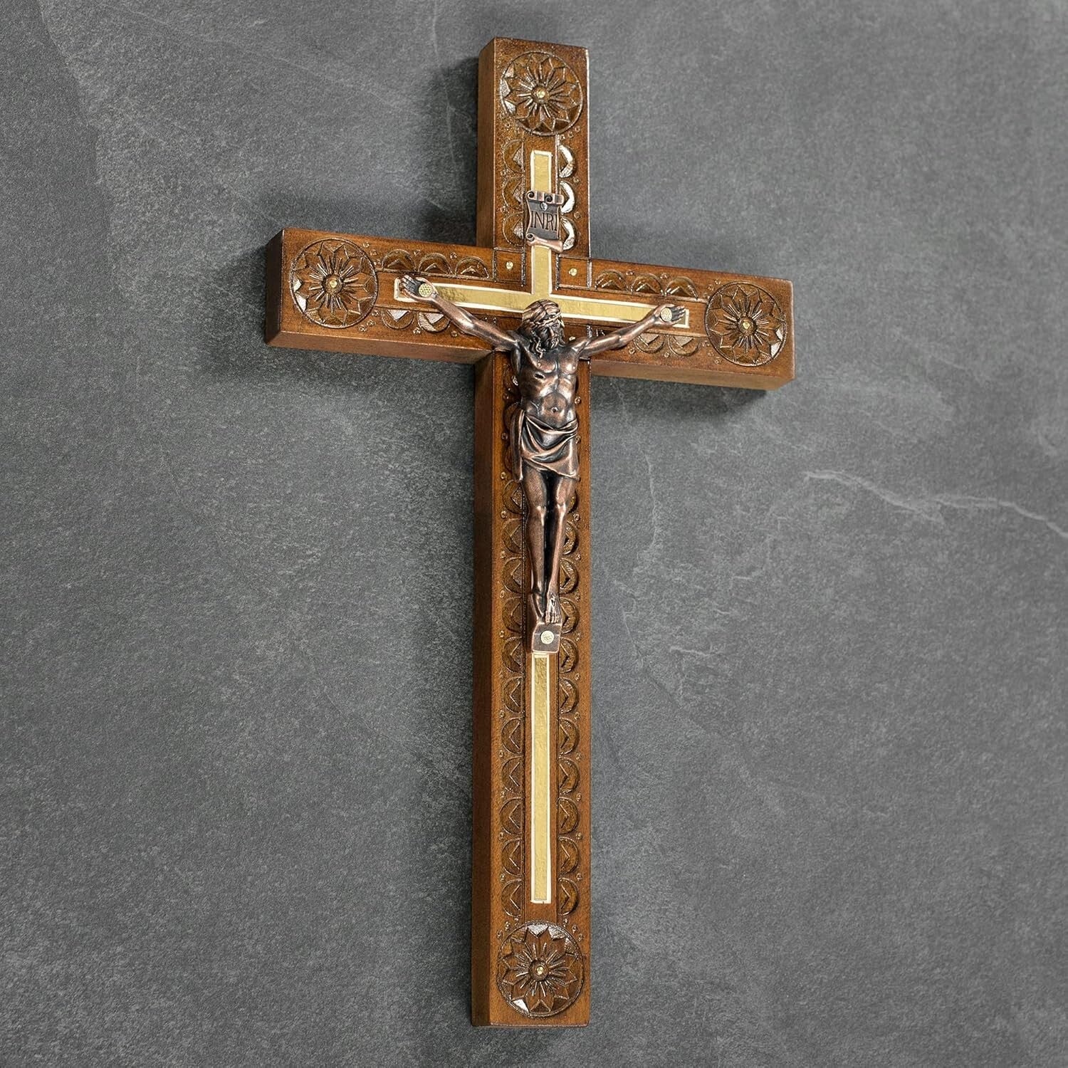 Handcrafted 12-Inch Crucifix Wall Cross - Elegant Decor with Wooden Rosary Gift