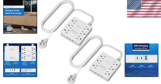 6-Outlet Surge Protector with USB-A & USB-C - Ultra-Thin Flat-Plug Power Strip