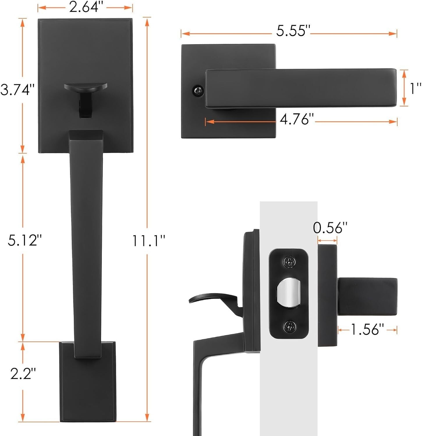 Zinc Alloy Matte Black Entry Door Handle with Single Cylinder Deadbolt Security