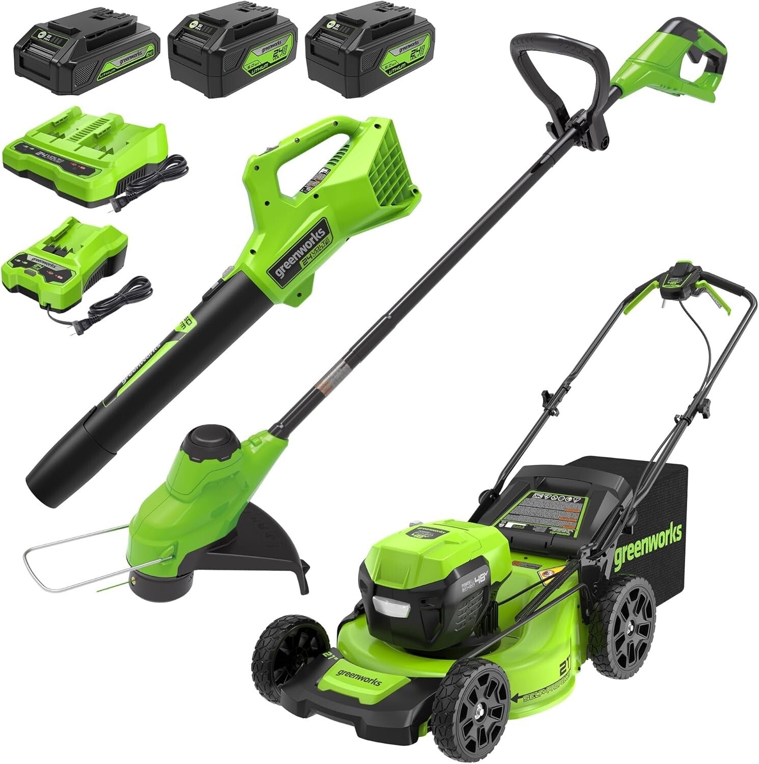 All-In-One Cordless 48V Lawn Tool Set: 21" Mower, Trimmer & Leaf Blower Included